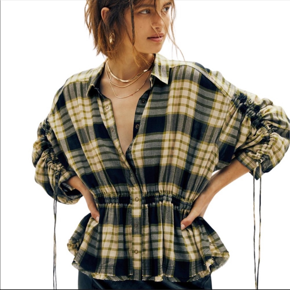 Free People Distressed Slouchy Plaid Flannel Top M